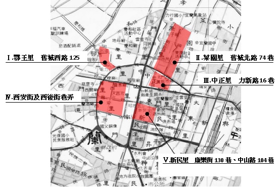 五個具有特殊巷弄空間品質的區塊位置分布。