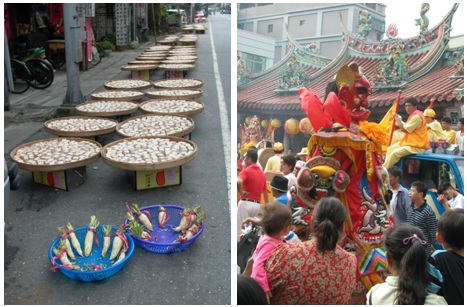 左圖為視覺與嗅覺的饗宴：沿街曝曬的蘿蔔和豆乾/右圖為城隍廟前的繞境。(吳亭樺攝)