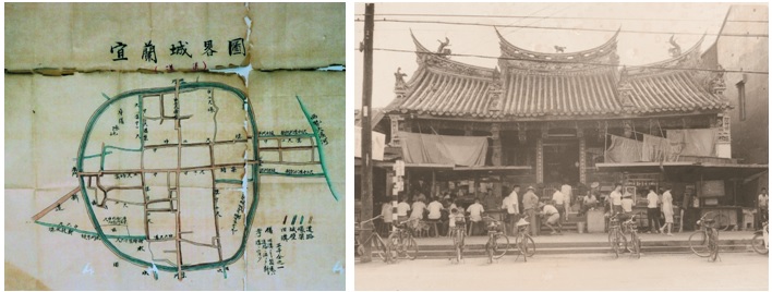 左圖為宜蘭城略圖（台灣總督府公文類篡，1899）/右圖為昭應宮舊照（宜蘭縣史館提供）。