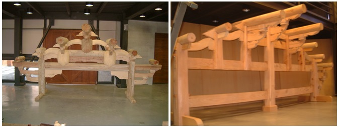 左圖為施作完成之疊斗大木架/右圖為施作完成之穿斗大木架。