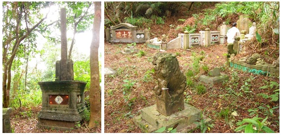 左圖為楊士芳墓的旗桿座/右圖為宜蘭大坡烘爐地楊士芳墓。(莊雅惠攝)