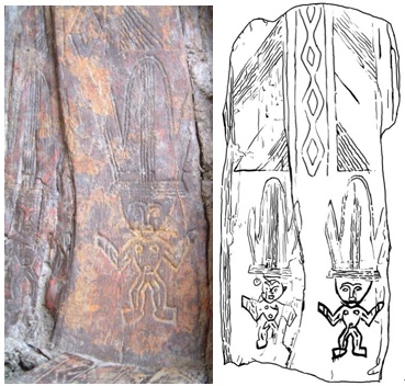圖2.左為戴高帽的人形圖，右為電腦線描雕板圖。宜蘭縣政府文化局提供