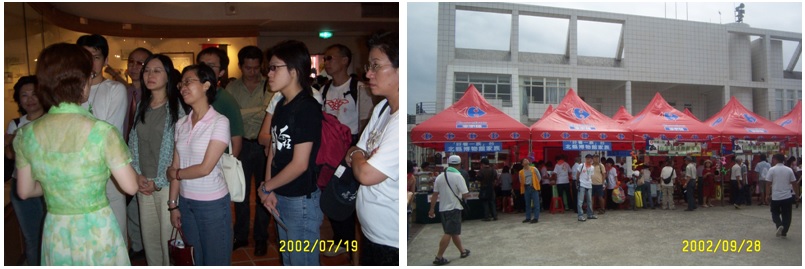 左圖為台北縣博物館群之核心成員參訪蘭博家族之「宜蘭戲劇館」/右圖為於石門國際風箏節設攤宣傳。 雷耀龍提供