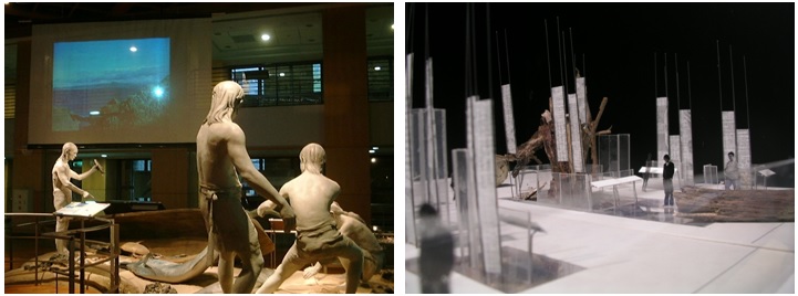 左圖為國立台灣史前文化博物館造景範例。吳庭筠提供/右圖為展示設計的基調，以半抽象、轉喻的方式傳達。七觀國際有限公司提供
