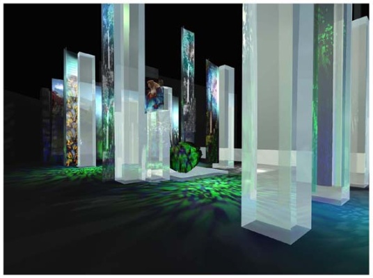 由森林意象的布幕、垂直向度的玻璃櫃及特殊燈光，使觀眾彷彿置身於迷霧森林劇場中。七觀國際有限公司提供