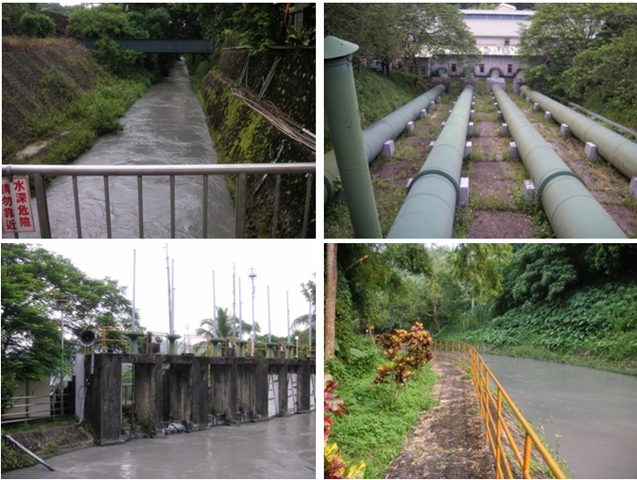 左上圖八：發電後放排水渠道 / 右上圖九：不銹鋼壓力管 / 左下圖十：水閘門 / 右下圖十一：引水渠道。