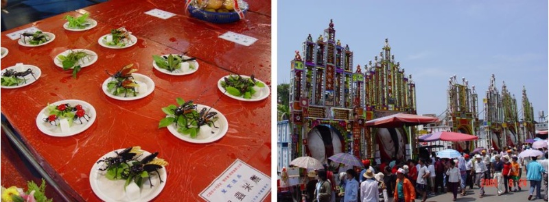圖二十四：用麵粉捏出各種昆蟲的「看桌」，亦稱「米雕」（基隆市2005）(左) / 圖二十五：新埔枋寮義民祭的神豬競賽，為全台最盛大的。（新埔枋寮2005）(右)