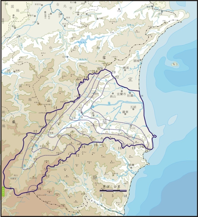 圖二：蘭陽溪流域年平均氣溫分布圖 （單位：℃）（資料來源：李培芬等，2004）