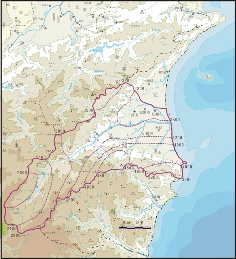 圖三：蘭陽溪流域年平均雨量分布圖 （單位：公釐）（資料來源：李培芬等，2004）