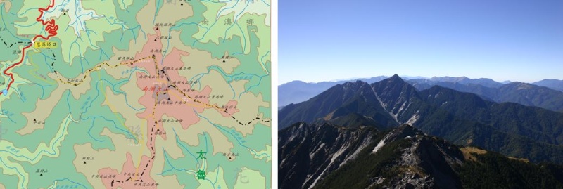 左：圖十四，南湖中央尖O型縱走登山路線圖 / 右：圖十五，中央尖山空拍圖