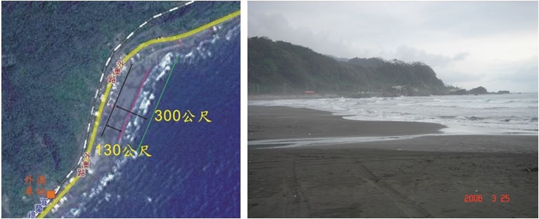 左圖圖二：外澳沙灘灘面寬約130公尺（黑線至紅線），整個灣面若以突出的地形計算（黑線至綠線），則約300公尺。 / 右圖圖三：外澳沙灘海岸，海沙色暗，與宜蘭平原的色相似，可能都是粘板岩風化侵蝕以後的碎屑。