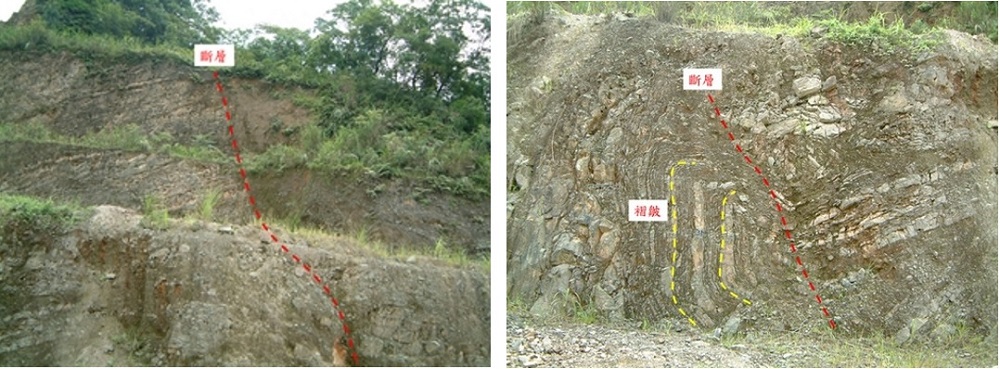 左圖：圖9礦區東側接近垂直向的斷層，左邊為明顯的褶皺地層，右邊的地層層面因植生較密，較不清楚。 / 右圖：圖10褶皺與斷層同時發生的現象。