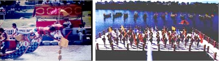 左圖：宜蘭縣龍舟錦標賽隊伍同時奪標的比賽情形 資料來源：王秋霖提供。 / 右圖：12艘龍舟聚集的盛大場面。資料來源：教育局體健課提供