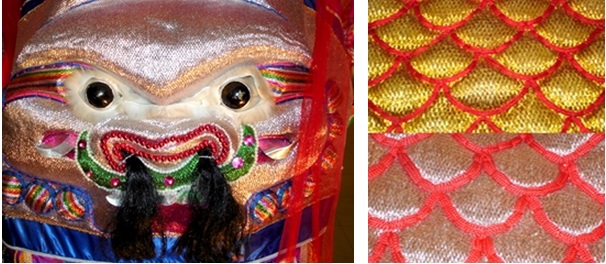 左圖：戰甲是以獅子為主要圖紋繡製而成 / 右圖：戰甲上之鱗片繡樣傳統上多使用金蔥繡線