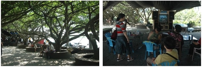 左圖：由漁網製成的吊床。 / 右圖：東港榕樹公園不僅是村民休閒的地方，如今也聚集許多外來遊客前來卡拉OK。