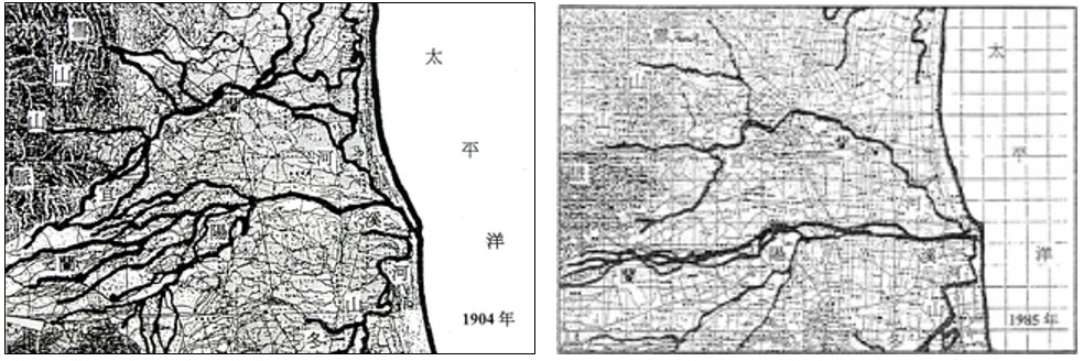 左圖：圖3-1宜蘭河河道變遷（1904） / 右圖：圖 3-2宜蘭河河道變遷（1985）