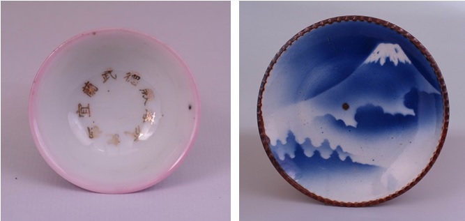 左圖：宜蘭郡民捐款2萬8千元，於昭和13年(1938) 8月開始興建武德殿，於昭和14年(1939) 4月17日舉行落成典禮。 / 右圖：日本碗盤技法燒窯以青花印花、噴印為主，紋飾圖案著重山水樓閣、松鶴花卉