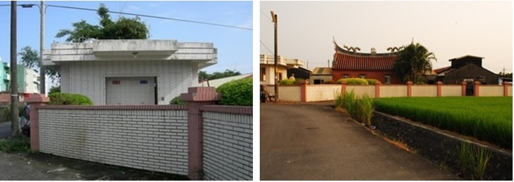 左圖：圖8家廟後院左後側廁所 / 右圖：圖9後院外的稻田、水圳
