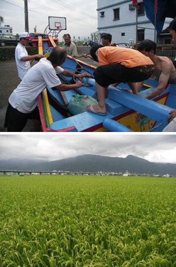 上圖：「絞船、力度」，即用藤條鐵絲等強化船體。 / 下圖：傳統上，兩庄的龍舟賽係擇定第一期稻作即將成熟之前的農閒時段，就是所謂「前青後黃」時舉行。