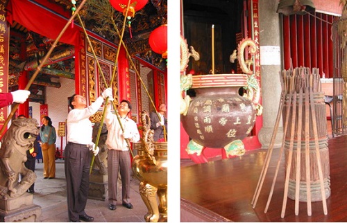 左圖：昭應宮以竹枝象徵清掃送神清屯 (左為前任縣長劉守成，右為現任縣長呂國華) / 右圖：南興廟竹製藥籤