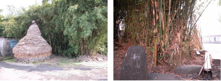 左圖：上下公厝因地處低漥，草垺砌石達一尺以上。 / 右圖：石敢當為下公厝入口的守護神