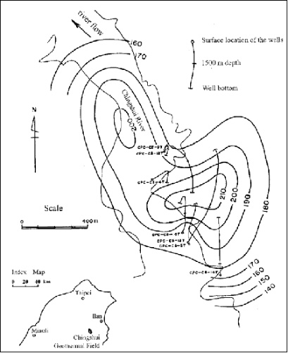 圖6 清水地熱區深度1500公尺的熱水等溫度圖（Chang and Ramey, 1979)