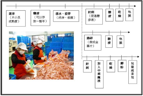 金棗加工過程流程示意圖。資料來源：本研究整理繪製 圖片來源：橘之鄉