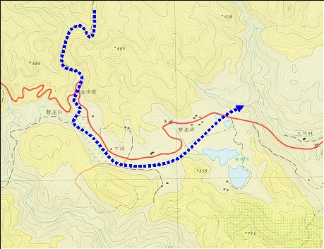 圖7 雙連埤的河道曾經是五十溪的支流，藍色虛線為當時河流流向示意圖(宜蘭縣政府，1994)