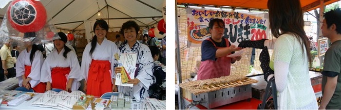 左圖：各式的「護符」有不同的作用，這是各山鉾的財源之一。 / 右圖：臨時攤販增加節慶的歡樂氣氛
