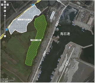 圖1 舊烏石港（綠色區域）衛星影像圖。港的西邊為蘭陽博物館的館址（白色區域）。（修改自Google Map網站資料）