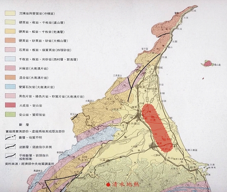 圖7 宜蘭平原水溶氣分佈圖（紅色區域）。大約在鐵路以東，北至壯圍，南至冬山，面積約30平方公里（宜蘭縣政府，1994）