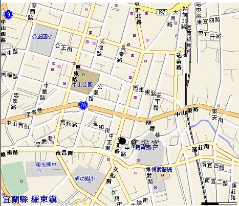 震安宮建築位置圖。繪製單位：小鎮文化廊道再造計劃工作小組~洪頌評，繪製時間：2008年7月。資料來源：Maction PaPaGo5!Navigator V.502（研勤科技公司等出版）