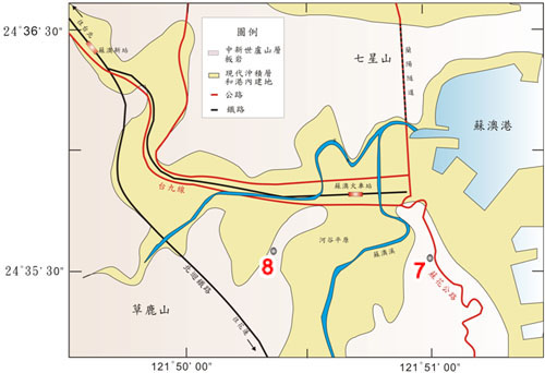 圖5 蘇澳地區地質圖。圖中圓圈編號7和8為下文表2中岩樣標本編號