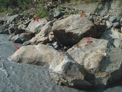 圖2 南澳北溪河床上的捕獲岩（箭頭處）