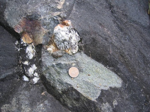圖7 龜山島上火成岩體中所捕獲的石英岩（銅幣上方白色礦體部分）