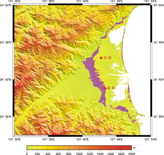 圖7 蘭陽平原主要的湧泉帶約分佈在標高7-15公尺區域（紫色南北帶狀的區域，海岸線上沙崙的高度雖超過20公尺，但沒有湧泉）