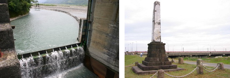 左圖：蘭陽發電場水源取自宜蘭濁水溪 / 右圖：宜蘭河整治竣工紀念碑