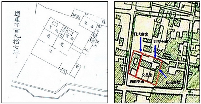 左圖：日據時代將文昌宮與仰山書院移做公學校分教室的平面配置圖 (資料來源：林正芳，宜蘭市志大事記) / 右圖：1914年的文昌宮與仰山書院 (資料來源：宜蘭市區改正圖)