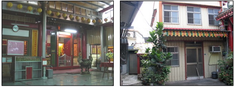 左圖：從文殿三開門右側入口進入即為管委會辦公室 / 右圖：緊鄰文昌宮牌樓左側的兩層樓鐵皮屋