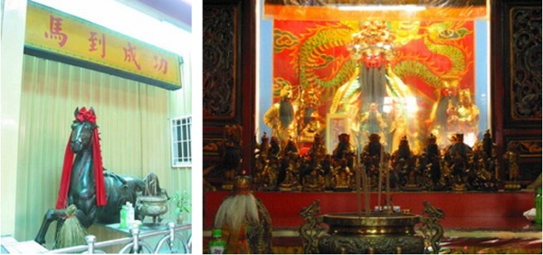 左圖：銅馬(莊雅惠攝) / 右圖：過去銅馬曾有意移回員山公園，但無法過得關老爺的同意而作罷。(莊雅惠攝)