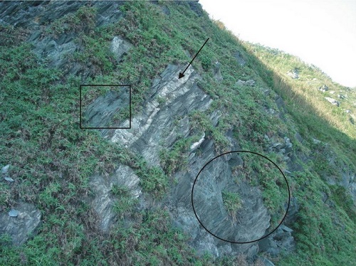 圖4 黑色的石墨片岩（圓圈）。偶而夾雜白色的石英岩（箭頭）或是綠色的綠泥石片岩（矩形）