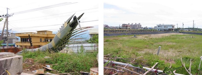左圖：記錄盛況純銅打製的大草蝦重三噸，周遭景觀正於整建中。 / 右圖：養殖業已盛況不再