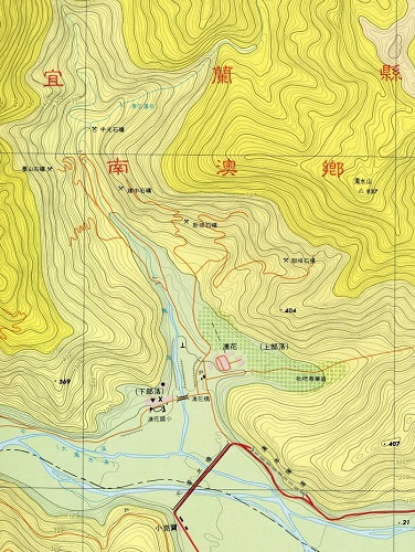 圖7 楓溪流域地形圖。楓溪流域有數個石礦區，都是採集變質石灰岩。