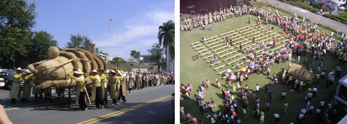 左：用稻草去編一個台灣最大隻的蜈蚣 / 右：巨大的蜈蚣陣