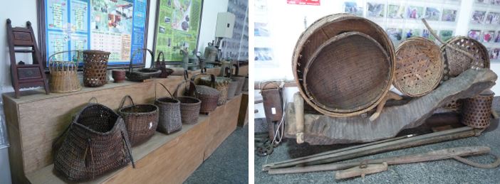 左：小型文物具木製臺階拼湊銜接分上下層擺放 / 右：稍大文物則直接堆置地面