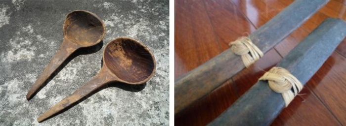 左：舀粥的木杓 / 右：叔公編上去的花