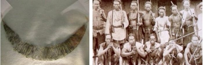 左：金鯉魚 / 右：噶瑪蘭族男性胸前的飾品掛著金鯉魚。（引自馬偕，《台灣遙寄》）