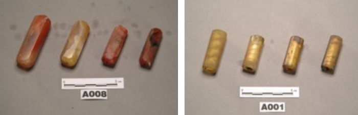 左：淇武蘭遺址出土的瑪瑙珠（宜蘭縣政府文化局 提供） / 右：淇武蘭遺址出土的琉璃管珠（宜蘭縣政府文化局 提供）