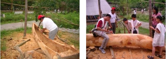 左：噶瑪蘭族試作獨木舟  /  右：讓參與人員親身體驗