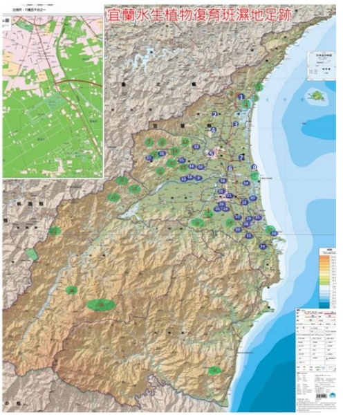 宜蘭水生植物復育班濕地足跡，綠點為自然濕地(編號同表1)，藍點為人工濕地(編號同表2)
